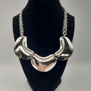 Silver Statement Necklace Sculptural Bib Chunky Modern Collar